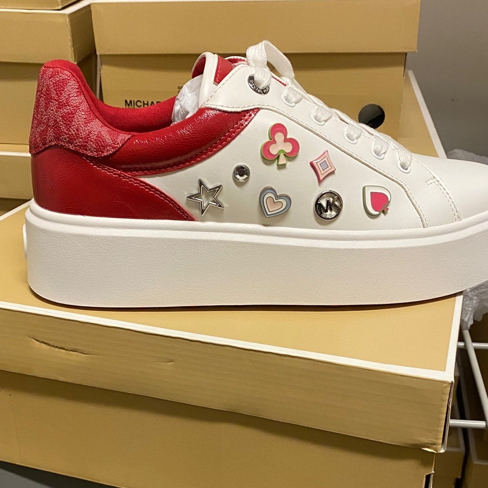 Michael Kors Red and White Embellished Sneakers